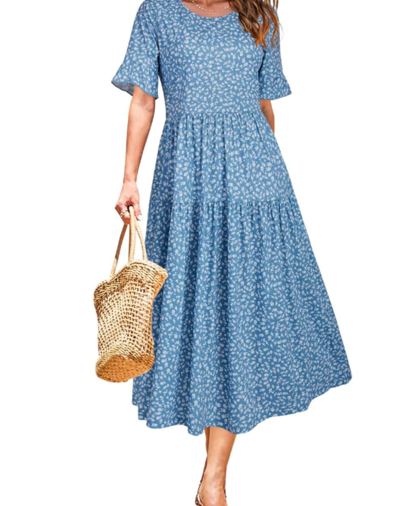 Payton Robe Midi Femme – Robe Fleurie Col Rond Manches Volantées avec Poches Taille Empire