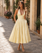 Léa Abito Midi Donna – Abito Schiena Scoperta in Jacquard Floreale con Corsetto Slim e Gonna Svasata