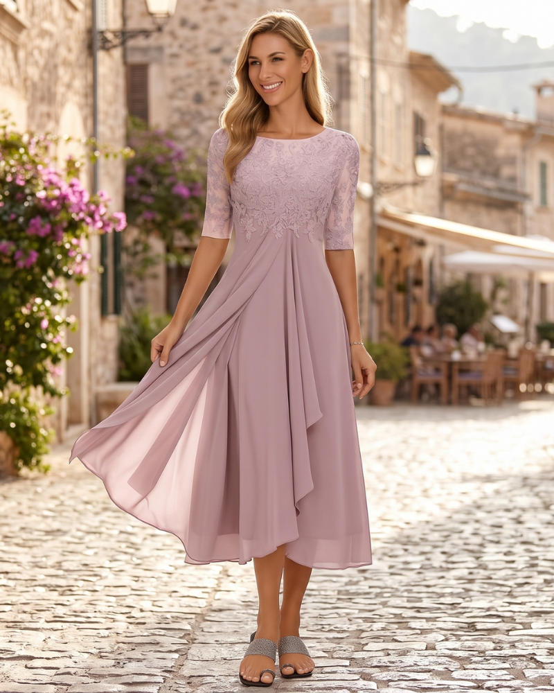 Natalie Robe Élégante Femme – Robe Mi-Longue en Dentelle et Mousseline avec Coupe A-Ligne