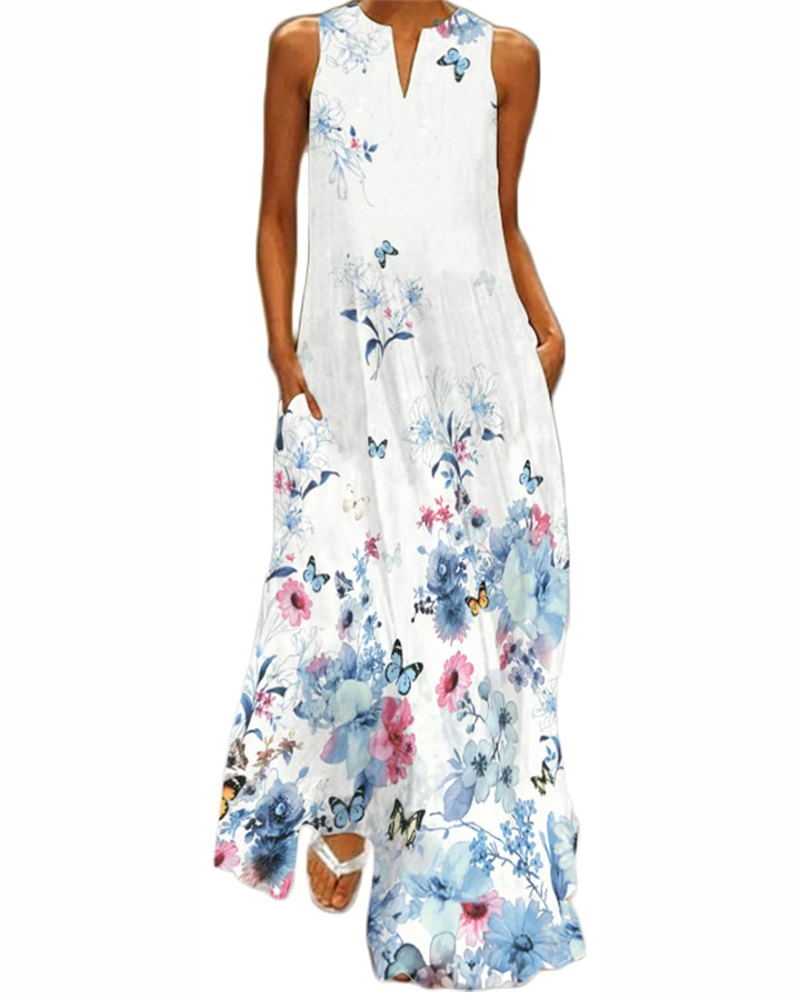 Juniper Robe Longue Femme – Maxi Robe Fleurie Col V Sans Manches avec Poches