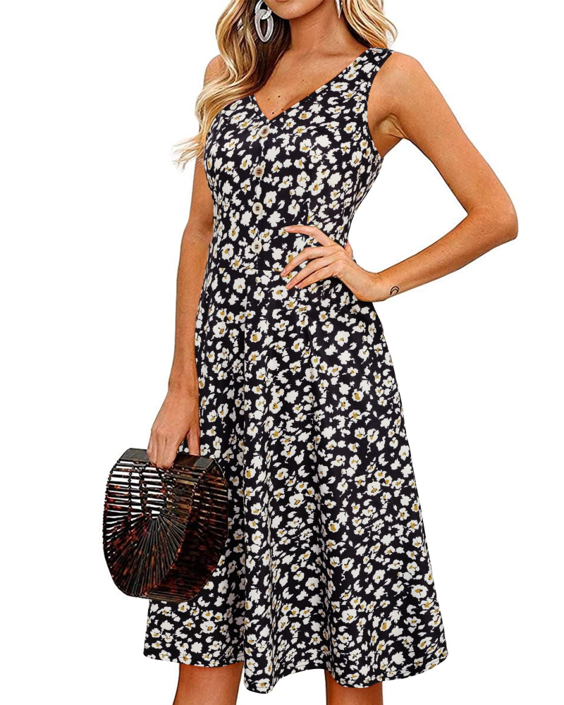 Finley Robe Midi Femme – Robe Col V Sans Manches Fleurie avec Poches Coupe Évasée
