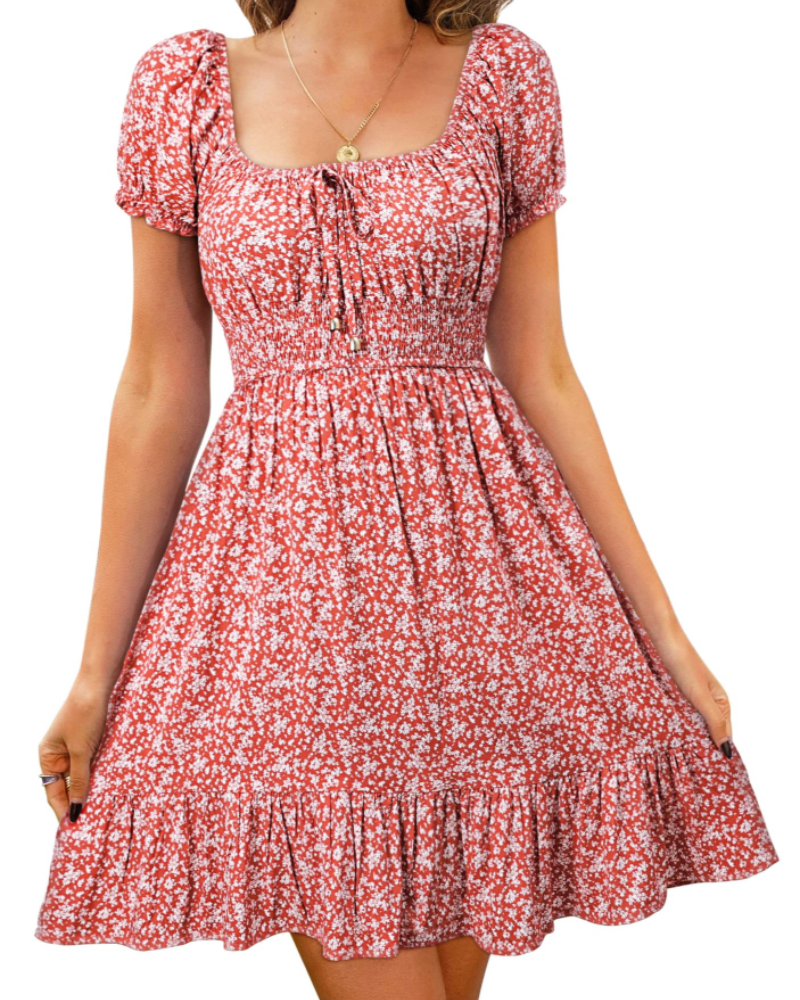 Oakley Women's Short Dress – Floral Backless Puff Sleeve Elastic Waist Dress
