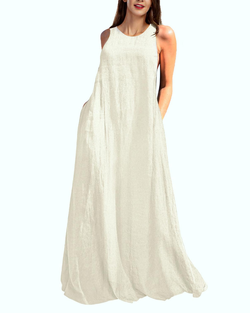 Genevieve Robe Longue Femme – Robe Maxi en Lin & Coton Sans Manches avec Poches