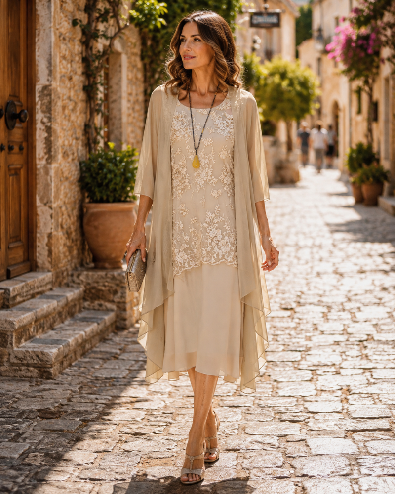 Elisha Ensemble Robe Femme – Robe Deux Pièces Élégante en Mousseline avec Dentelle & Veste Fluide