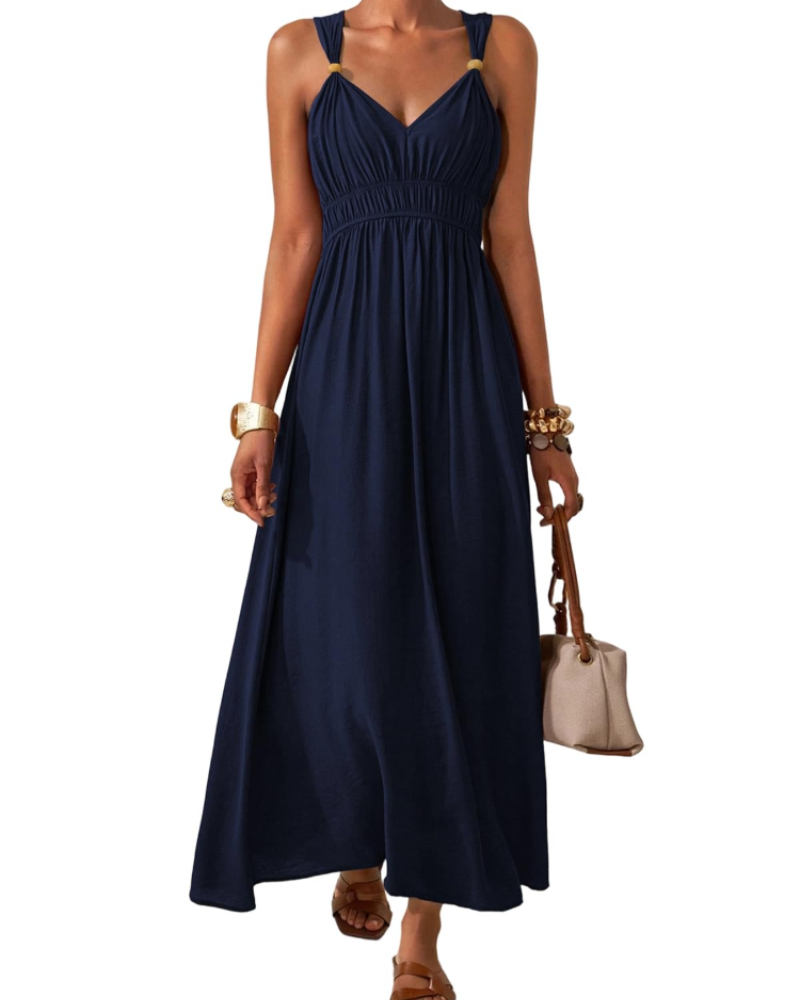 Nadia Robe Longue Femme – Maxi Robe Bohème Col V Taille Empire Élastique