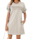 Women's Autumn Dress - Plain Pleated Short Dress with Pockets & Rolled Short Sleeves