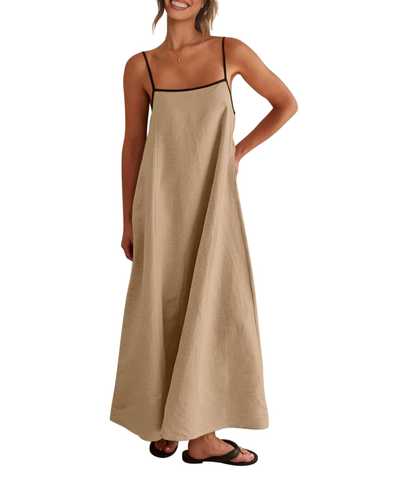 Adeline Robe Maxi Femme – Robe en Lin à Bretelles Réglables avec Poches & Dos Noué