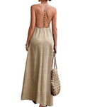 Women's Phoebe Maxi Dress – V-Neck Backless Dress with Beaded Straps, Bohemian Style