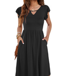 Teagan Robe Midi Femme – Robe Col V Évasée avec Poches Taille Élastiquée Fluide
