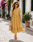 Payton Robe Midi Femme – Robe Fleurie Col Rond Manches Volantées avec Poches Taille Empire