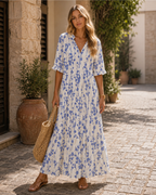 Natalie Robe Bohème Femme – Robe d'Été Élégante à Volants avec Col en V et Motif Ikat