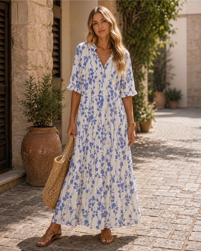 Natalie Robe Bohème Femme – Robe d'Été Élégante à Volants avec Col en V et Motif Ikat