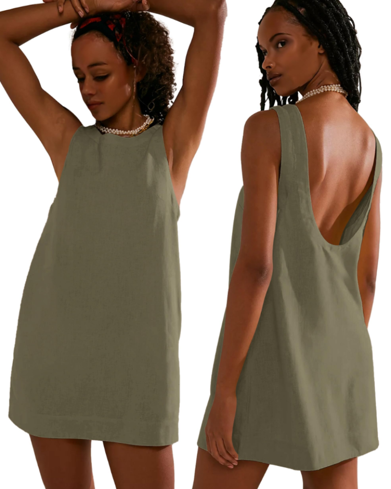 Juliette Women's Short Dress - Sleeveless Backless Summer Dress with Pockets in Linen Blend