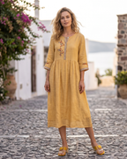 Celeste Abito Donna in Cotone e Lino – Abito Bohemien Ricamato con Taglio Ampio ed Eleganza Naturale