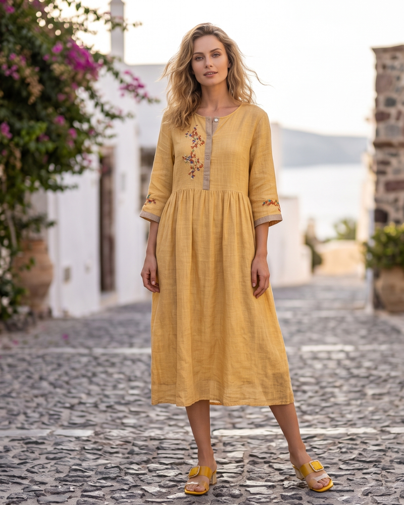 Celeste Abito Donna in Cotone e Lino – Abito Bohemien Ricamato con Taglio Ampio ed Eleganza Naturale