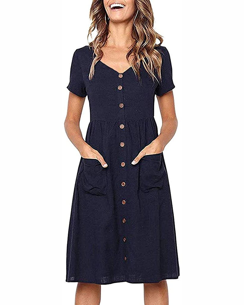 Lydia Robe Midi Femme – Robe Col V Style T-Shirt avec Poches Taille Empire et Boutons Décoratifs