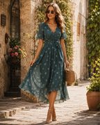 Ella Robe Femme – Robe Fleurie Élégante avec Encolure Cache-Cœur, Manches Volantes & Coupe Fluide