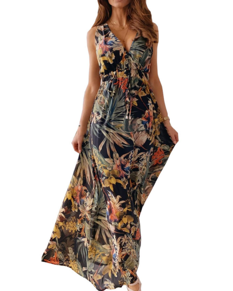 Sydney Robe Longue Femme – Robe Maxi Col V Sans Manches Imprimé Tropical Taille Ajustable