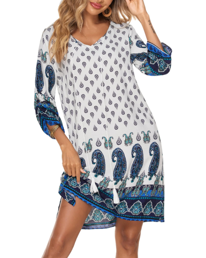 Marlowe Robe Bohème Femme – Robe Tunique Imprimée Col V à Pampilles Manches 3/4 Ample