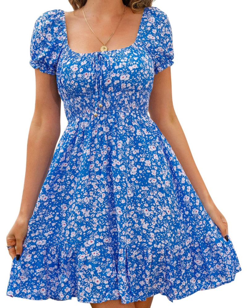 Oakley Women's Short Dress – Floral Backless Puff Sleeve Elastic Waist Dress