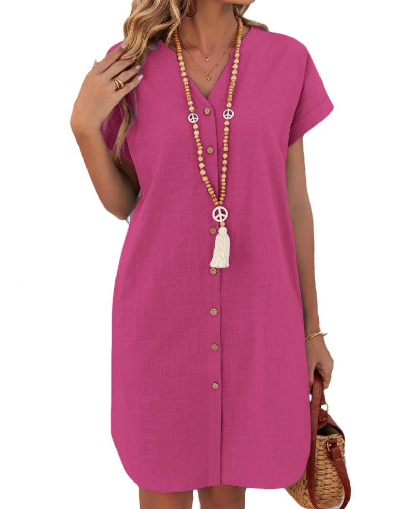 Bethany Robe Chemise Femme – Robe Courte en Coton et Lin Col V Henley Boutonnée