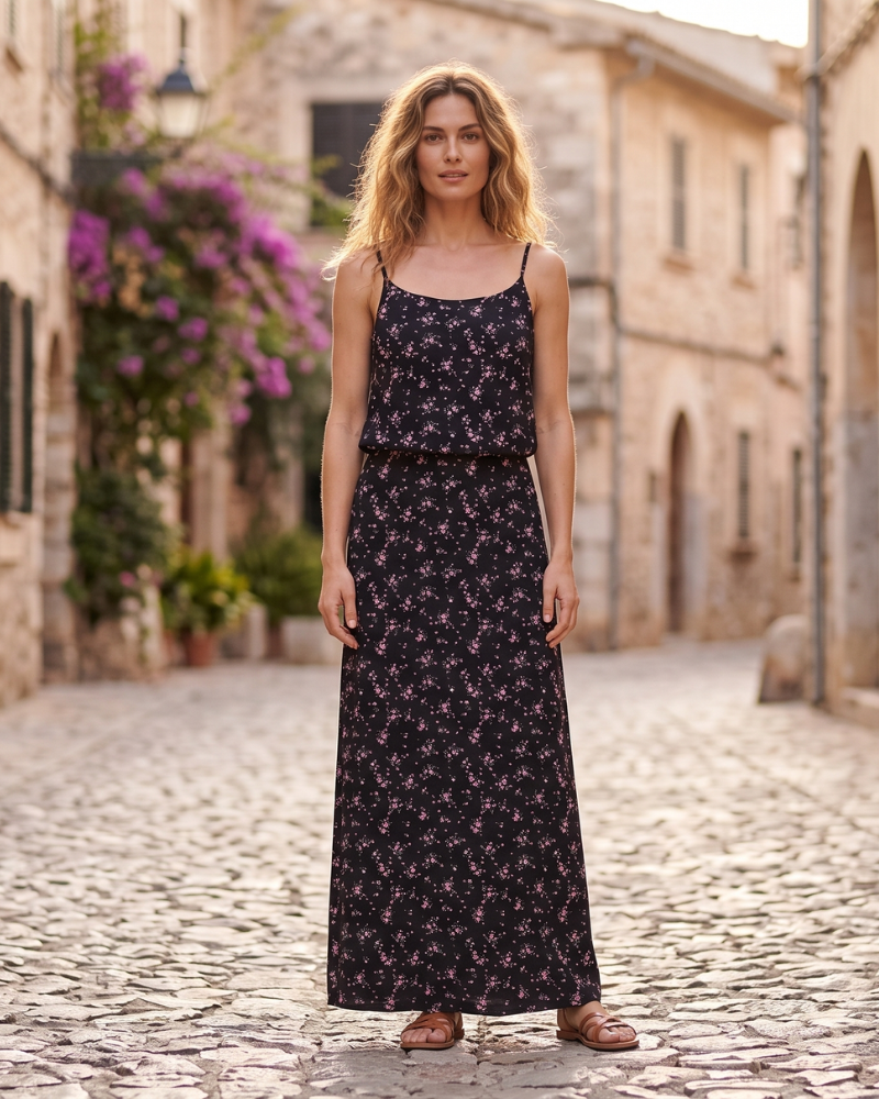 Vestido Largo Brynn Mujer – Vestido Maxi Estampado Sin Mangas con Cuello Redondo y Cinturón para Atar