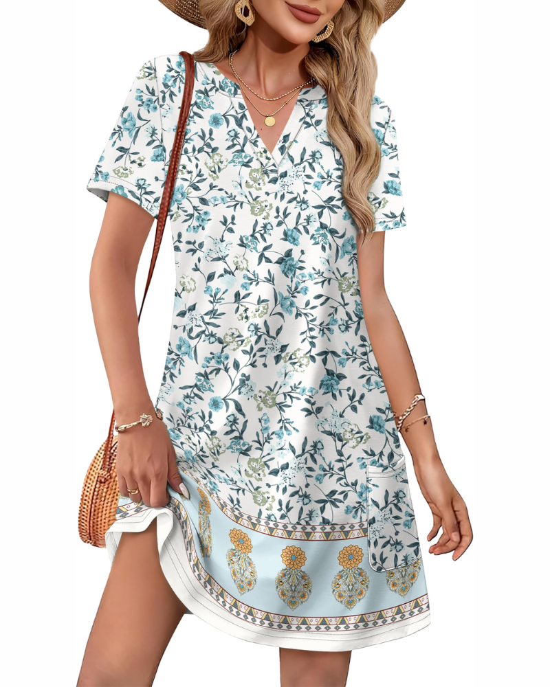 Brianna Robe Midi Femme – Robe Col V Ample avec Poches Manches Courtes Style Bohème