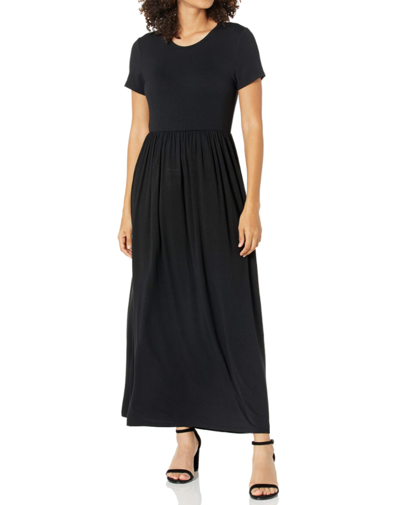 Cambria Long Dress Women’s – Maxi Flared Dress Round Neck Short Sleeves Gathered Waist  