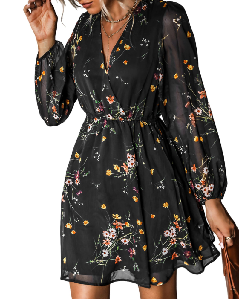 Danielle Women's Short Dress – Chiffon V-Neck Elastic Waist Long Sleeves Dress