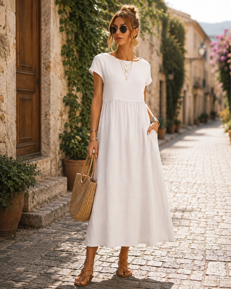 Hannah Robe Longue Femme – Robe d'Été Fluide en Coton Mélangé avec Coupe Élégante