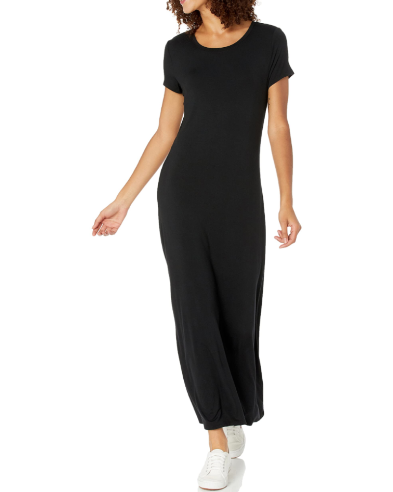 Corinne Long Dress Women’s – Maxi Dress Round Neck Short Sleeves Stretch Jersey Fitted Cut  