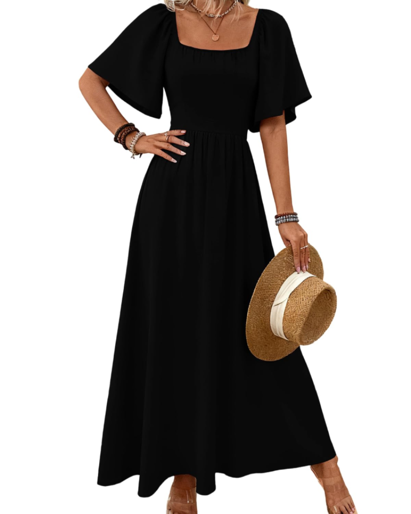 Fiona Robe Longue Femme – Maxi Robe Col Carré Taille Empire Manches Papillon