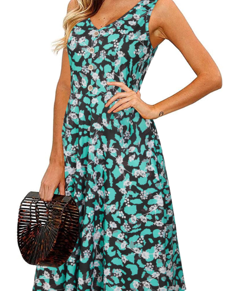 Finley Robe Midi Femme – Robe Col V Sans Manches Fleurie avec Poches Coupe Évasée