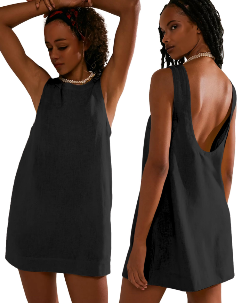 Juliette Women's Short Dress - Sleeveless Backless Summer Dress with Pockets in Linen Blend