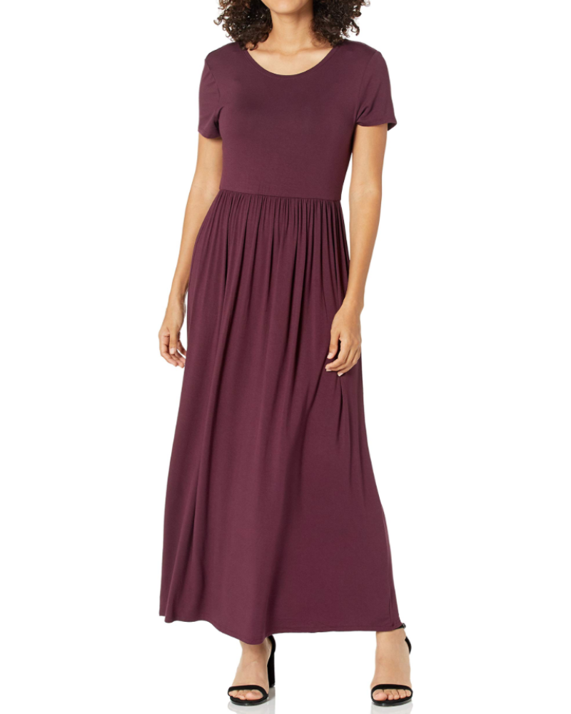 Cambria Long Dress Women’s – Maxi Flared Dress Round Neck Short Sleeves Gathered Waist  