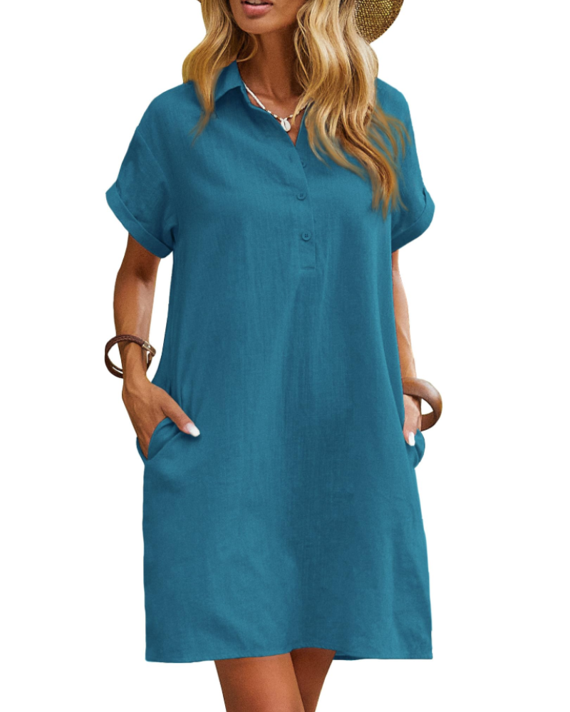 Camryn Robe Chemise Femme – Robe Courte en Coton Boutonnée avec Poches Manches Courtes