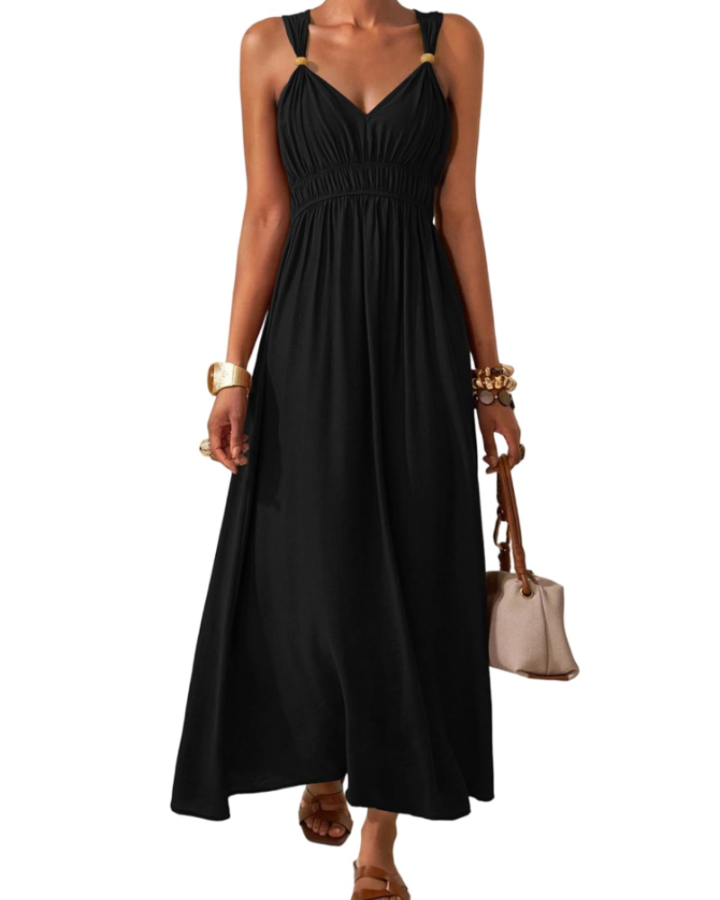 Nadia Robe Longue Femme – Maxi Robe Bohème Col V Taille Empire Élastique
