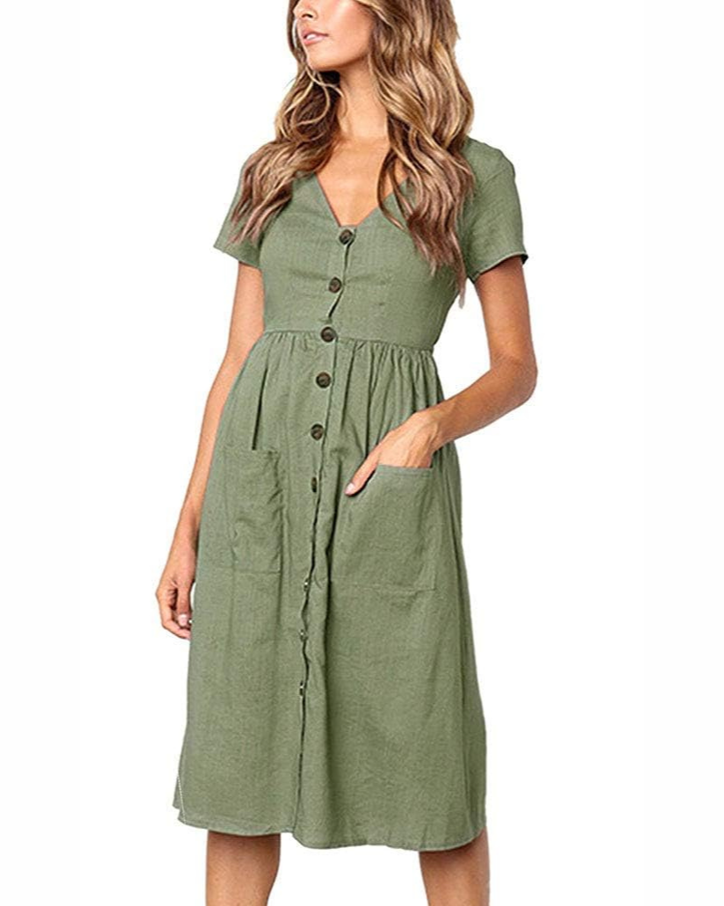 Lydia Robe Midi Femme – Robe Col V Style T-Shirt avec Poches Taille Empire et Boutons Décoratifs