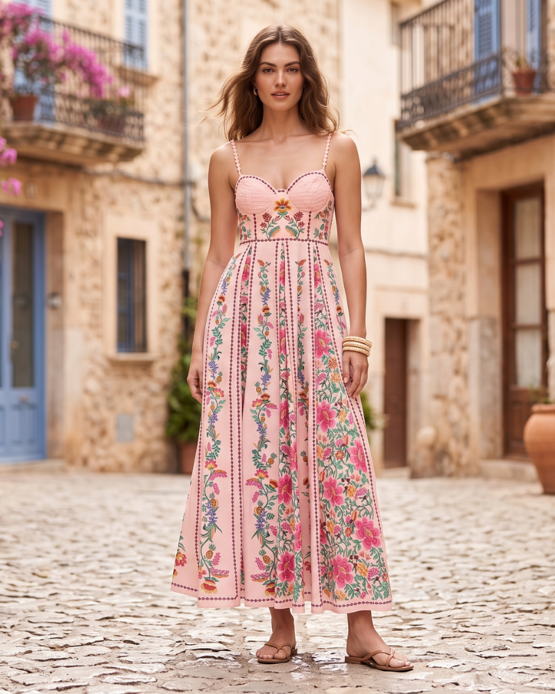 Vestido Maxi Eliana para Mujer – Vestido Bohemio Estampado con Hombros Descubiertos y Cintura Alta