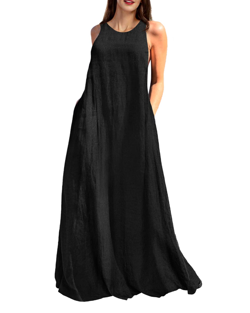 Genevieve Robe Longue Femme – Robe Maxi en Lin & Coton Sans Manches avec Poches