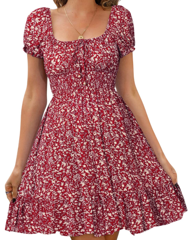 Oakley Women's Short Dress – Floral Backless Puff Sleeve Elastic Waist Dress