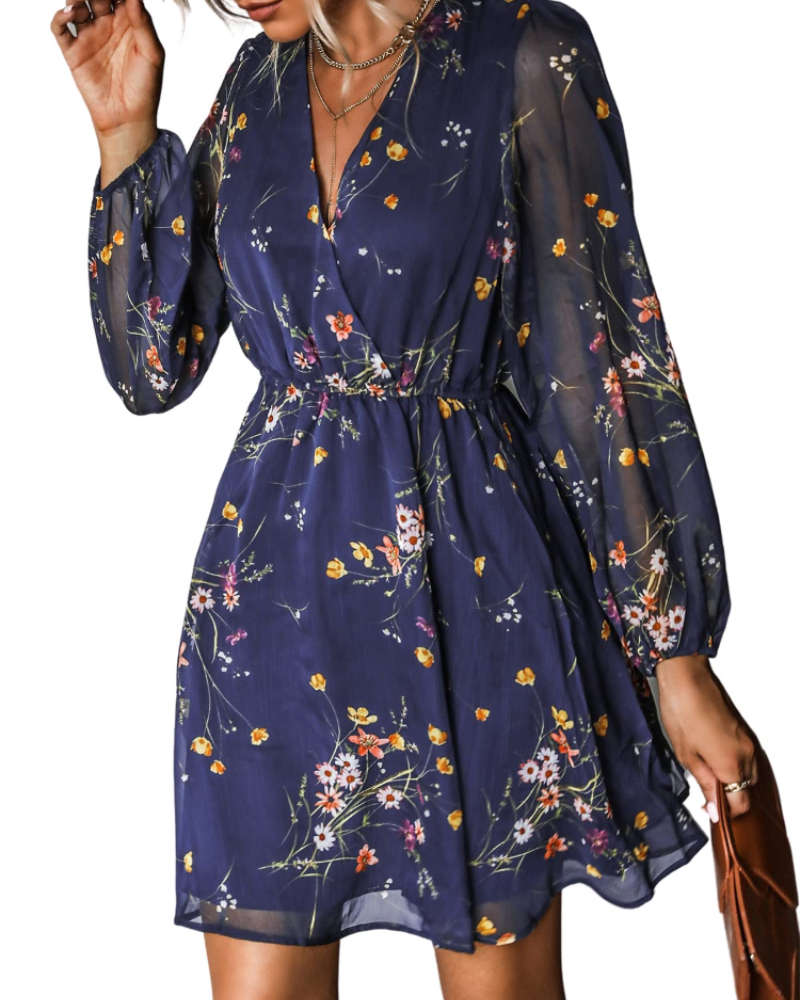 Danielle Women's Short Dress – Chiffon V-Neck Elastic Waist Long Sleeves Dress