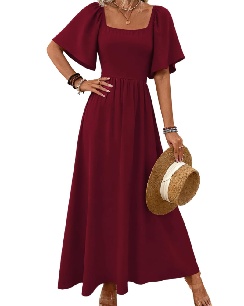 Fiona Robe Longue Femme – Maxi Robe Col Carré Taille Empire Manches Papillon