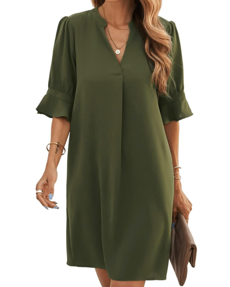 Mallory Robe Femme – Robe Courte Col V Fluide à Manches Courtes Coupe Ample