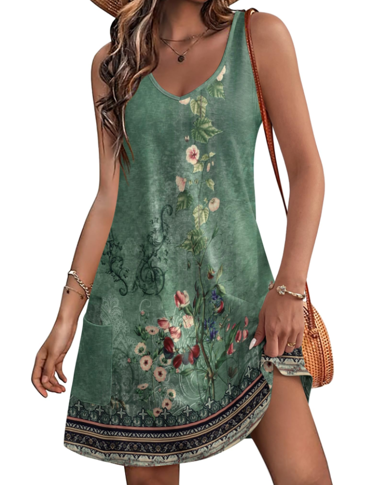 Ainsley Robe d'Été Femme – Robe Col V Sans Manches avec Poches Longueur Genou