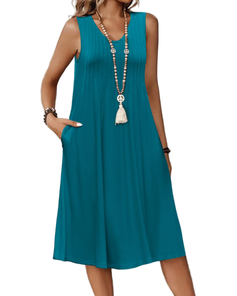 Quinn Robe Midi Femme – Robe Sans Manches Col V Plissée avec Poches Longueur Genou