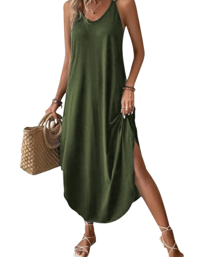 Sienna Robe Longue Femme – Maxi Robe Col V à Bretelles Fines avec Fente Élégante