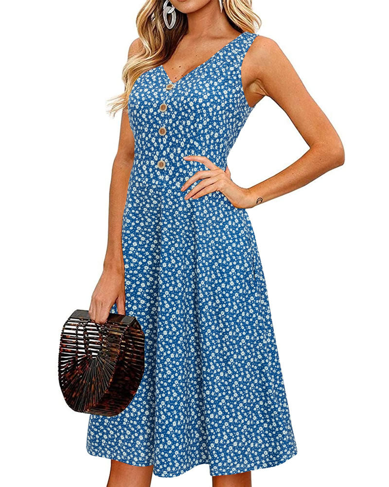 Finley Robe Midi Femme – Robe Col V Sans Manches Fleurie avec Poches Coupe Évasée