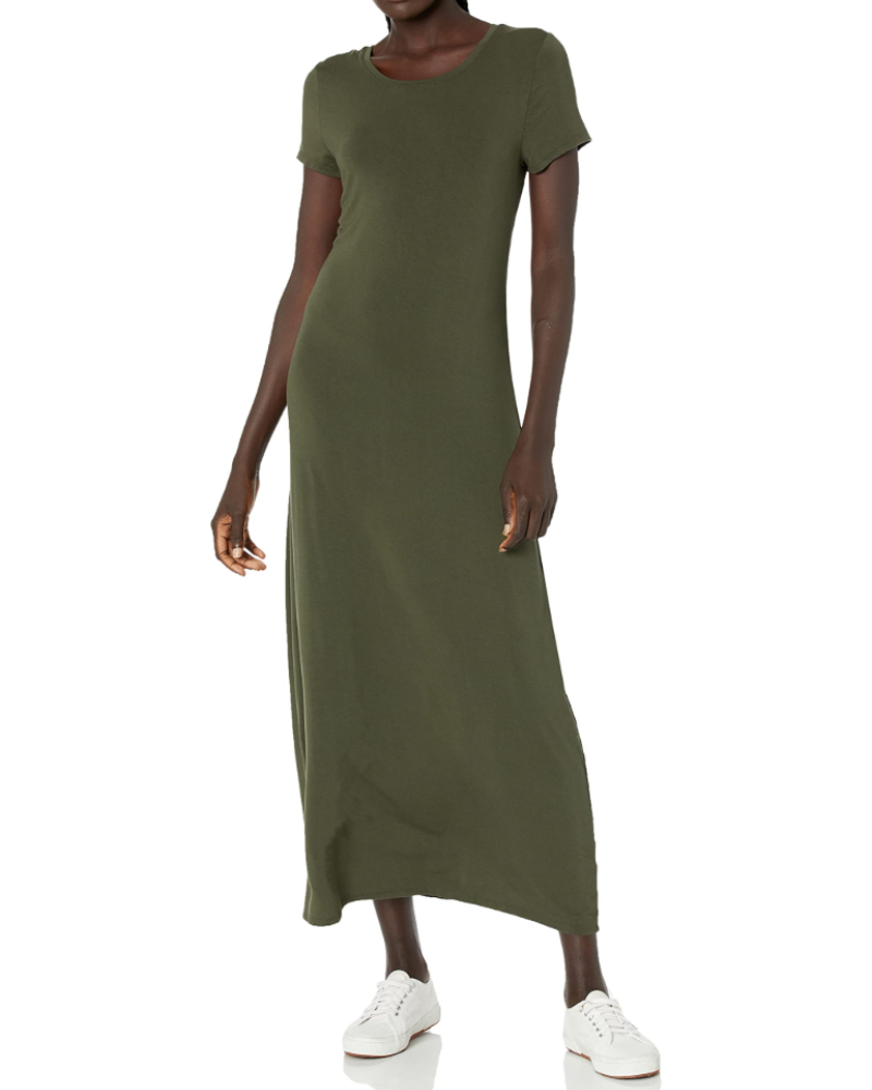 Corinne Long Dress Women’s – Maxi Dress Round Neck Short Sleeves Stretch Jersey Fitted Cut  