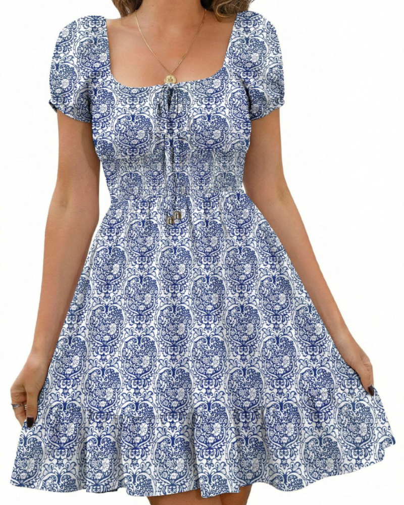 Oakley Women's Short Dress – Floral Backless Puff Sleeve Elastic Waist Dress